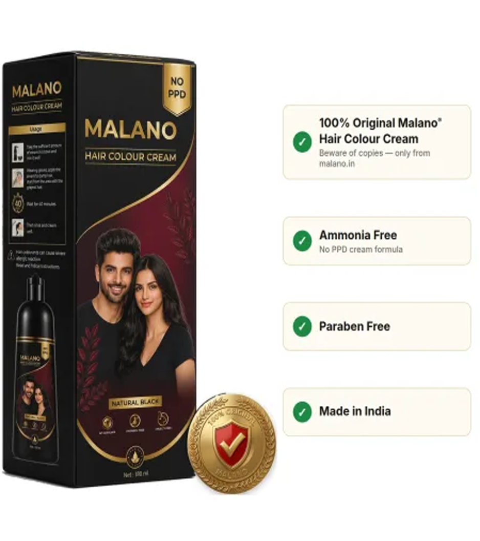 Malano NO PPD Hair Colour Cream – Natural Black (Ammonia-Free, 180ml)