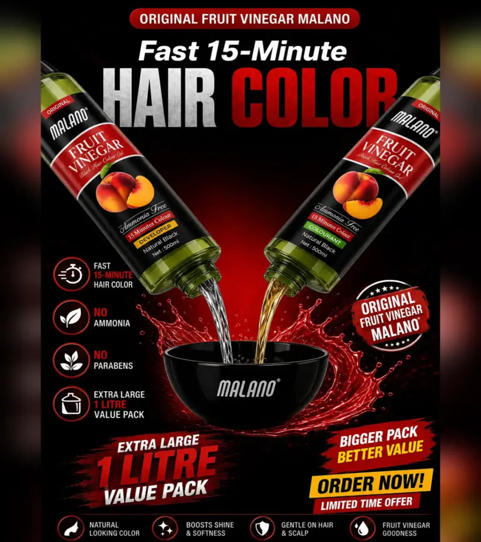 Malano Fruit Vinegar Hair Colour – Natural Black (Ammonia-Free, 1 Litre Pack)