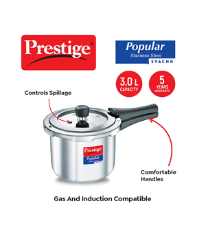 Prestige Popular Svachh Spillage Control Stainless Steel Outer Lid Pressure Cooker, 3 L (Silver)