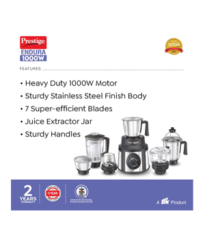 Prestige Endura 1000W Mixer Grinder, 6 Jars (1500 ml, 1000 ml, 1500 ml, 450 ml) (Black, Silver)