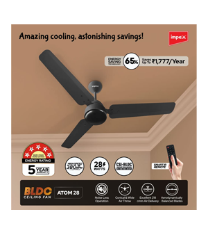 Impex BLDC Ceiling Fan 1200 mm ATOM 28 5 Star Rated Ceiling Fan  with Remote Control |